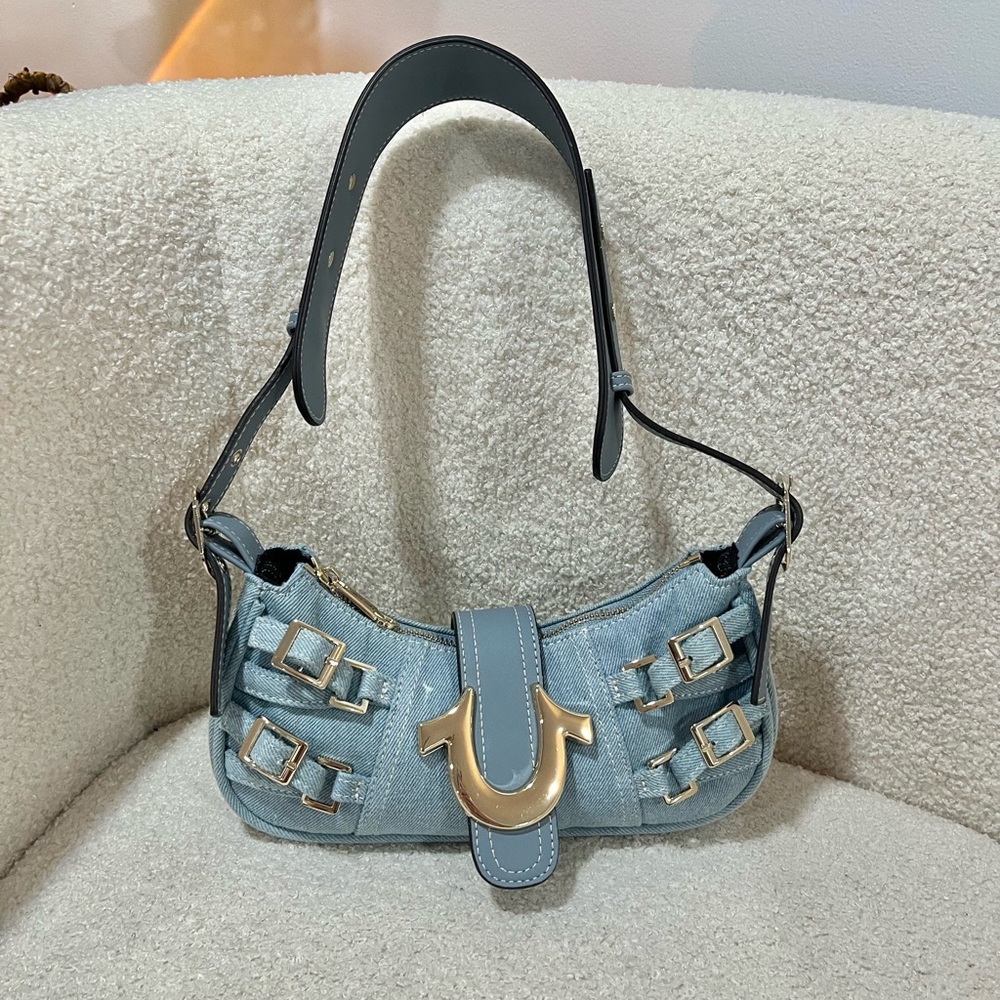 True Religion Y2K Multi Strap Denim Shoulder Bag Silver Hardware